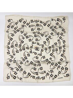 Chanel Camellia CC Logo Silk Scarf White Black Vintage